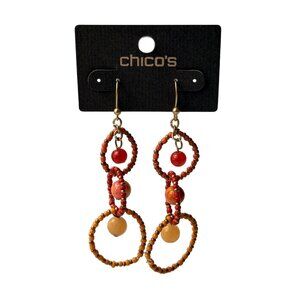 Vintage 1990s Chico’s Beaded Loop Dangle Earrings Red Orange Brass Statement